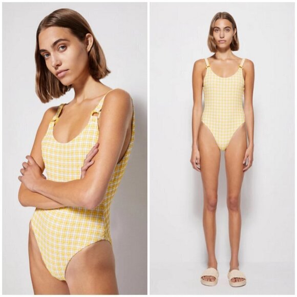 JONATHAN SIMKHAI Rosabel Seersucker One Piece Swimsuit Daffodil Plaid Large NWT - Picture 4 of 16